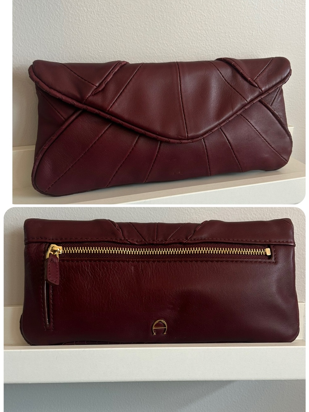 Etienne Aigner Oxblood Burgundy Leather Clutch Envelope Bag Logo